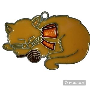 Vintage Handmade Stained Glass Sleeping Cat Nap Kitty Cat  Suncatcher Ornament
